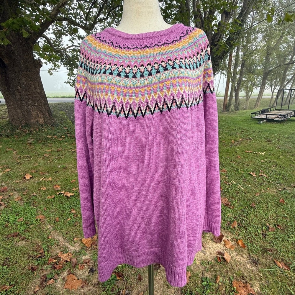 CJ Banks Womens 2X Purple Fair Isle Yoke Cotton Blend Knit Sweater Long Sleeve